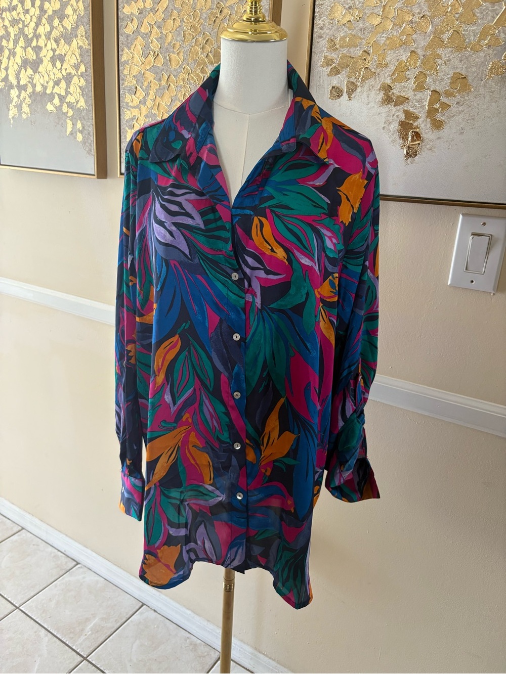 Tropical Leaf Print Button-Down Shirt - Navy with Teal & Magenta